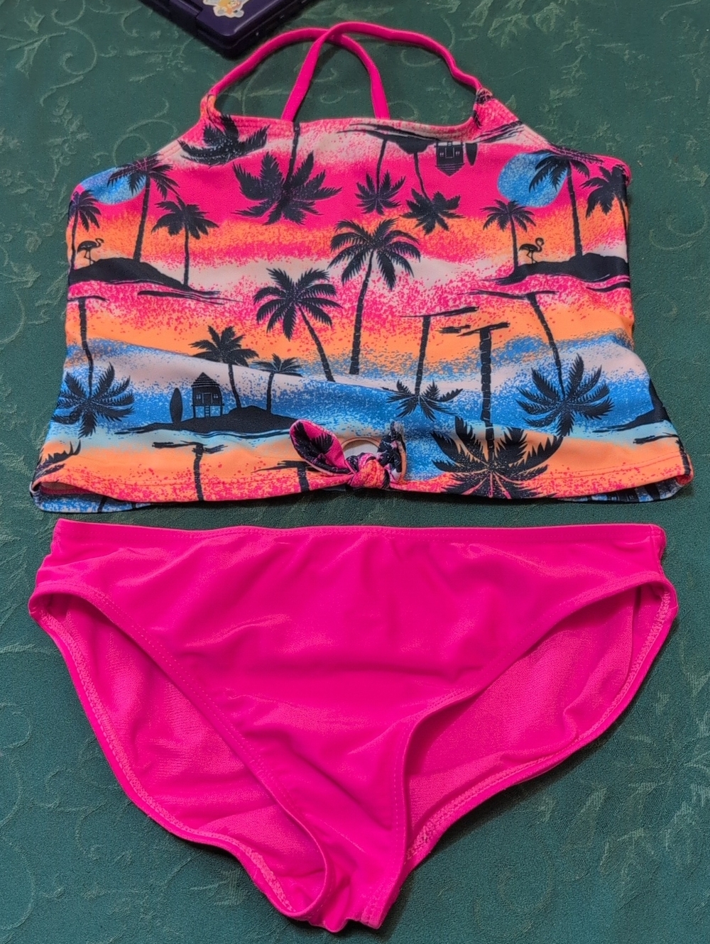 Girls' Tropical Pink Tankini Set - Bright Palm Print